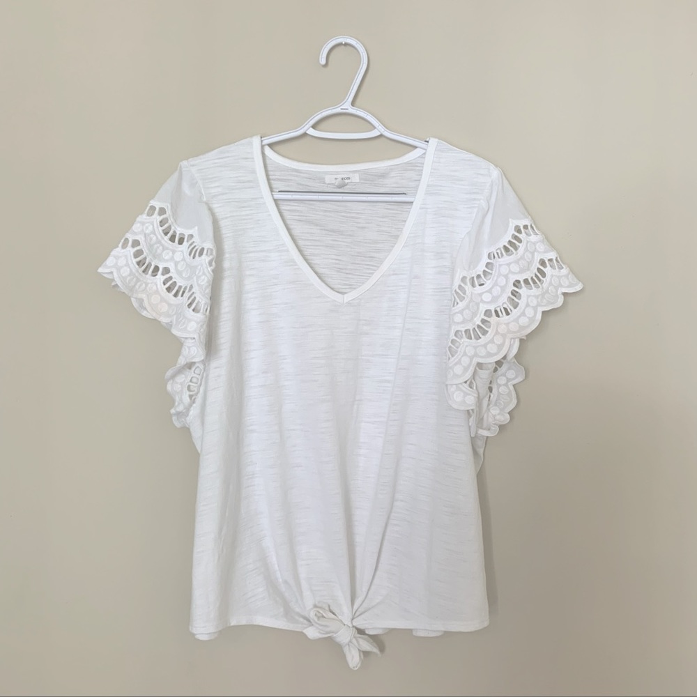 White, lace sleeve T-shirt with tie waist